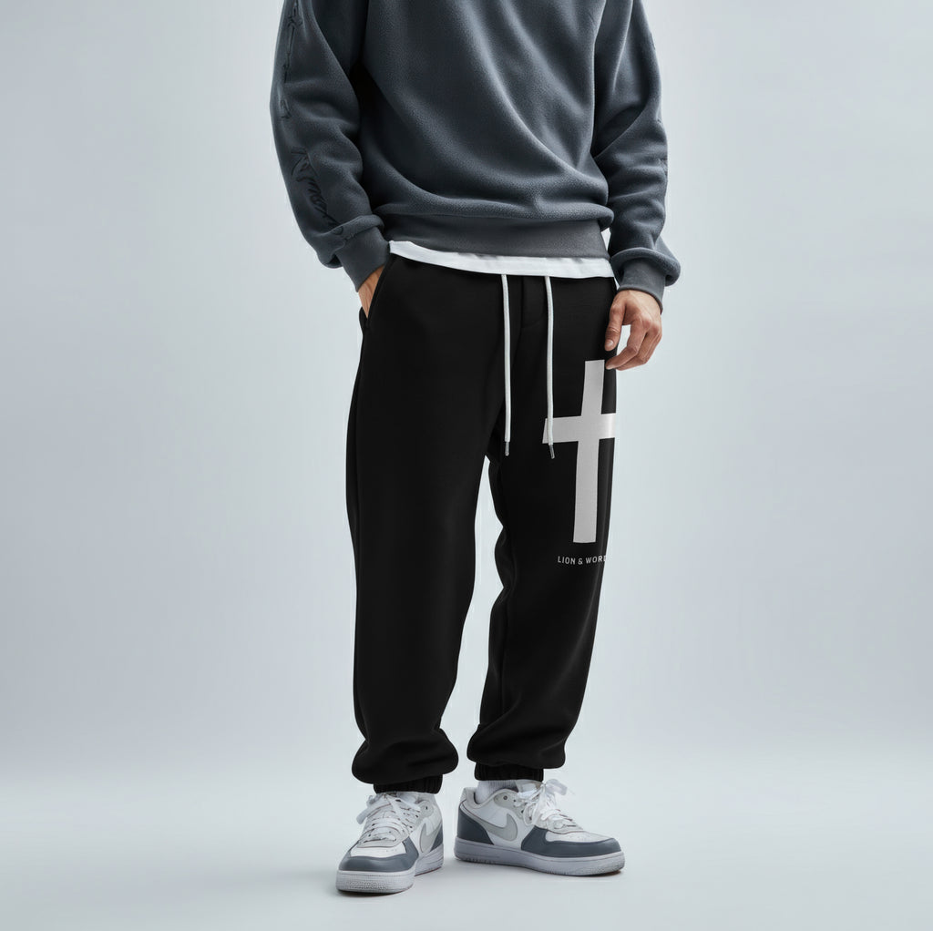 WHITE CROSS LION & WORD SWEATPANTS